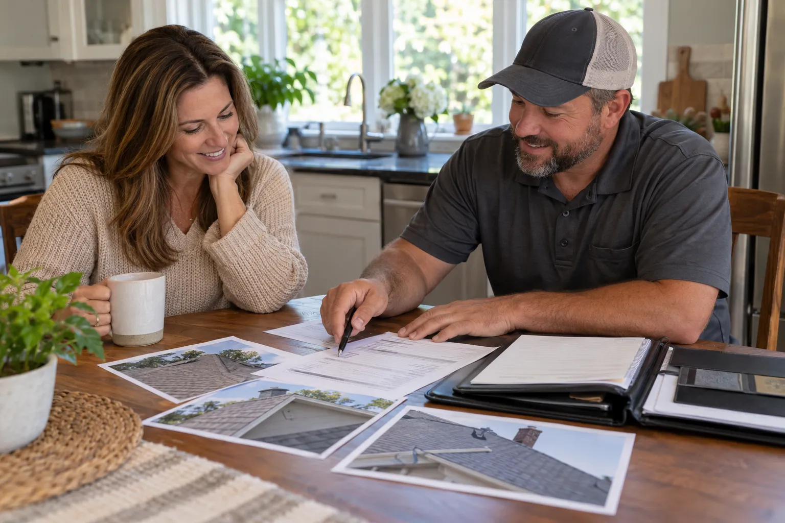 A homeowner and a roofing provider reviewing photos and notes together