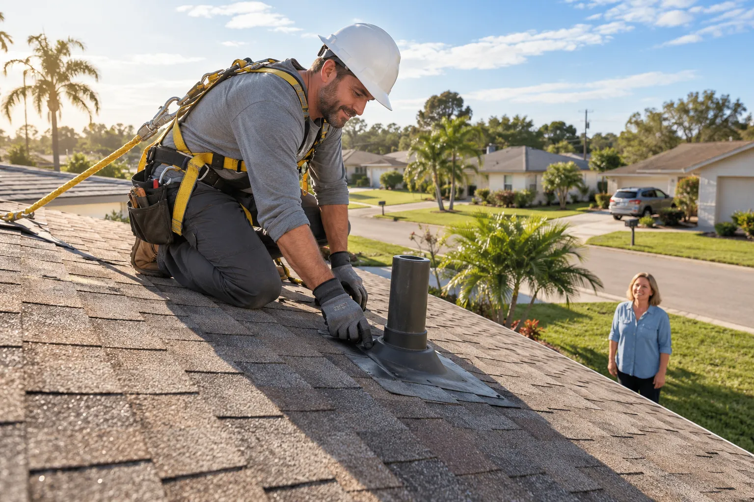 A local roofing provider checking flashing around a vent on a shingle roof of a single-story home in Delray Beach